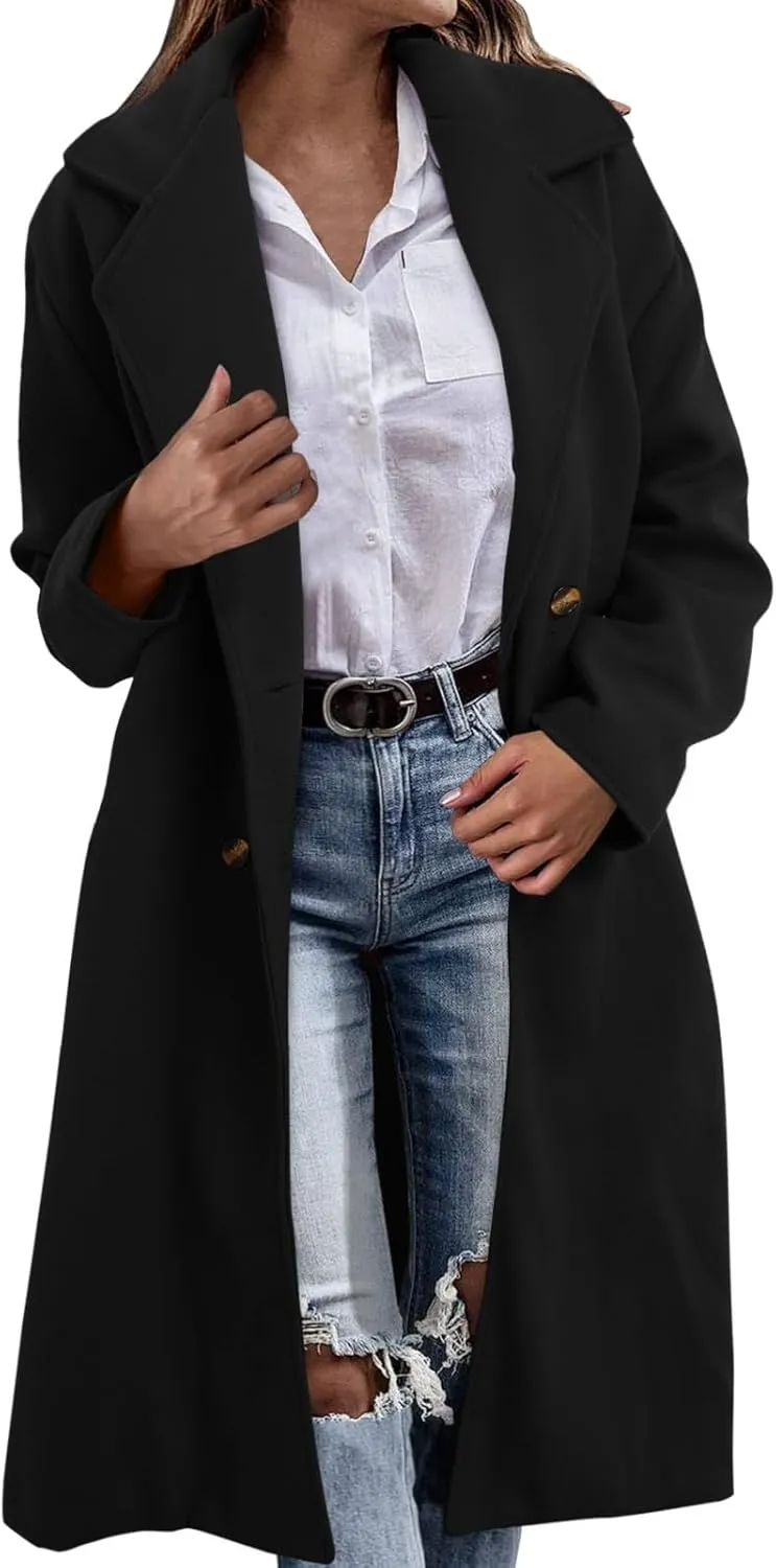 Women's Notched Collar Wool Blend Pea Coat Winter Long Oversized Button Down Overcoats Double Breasted Trench Coat