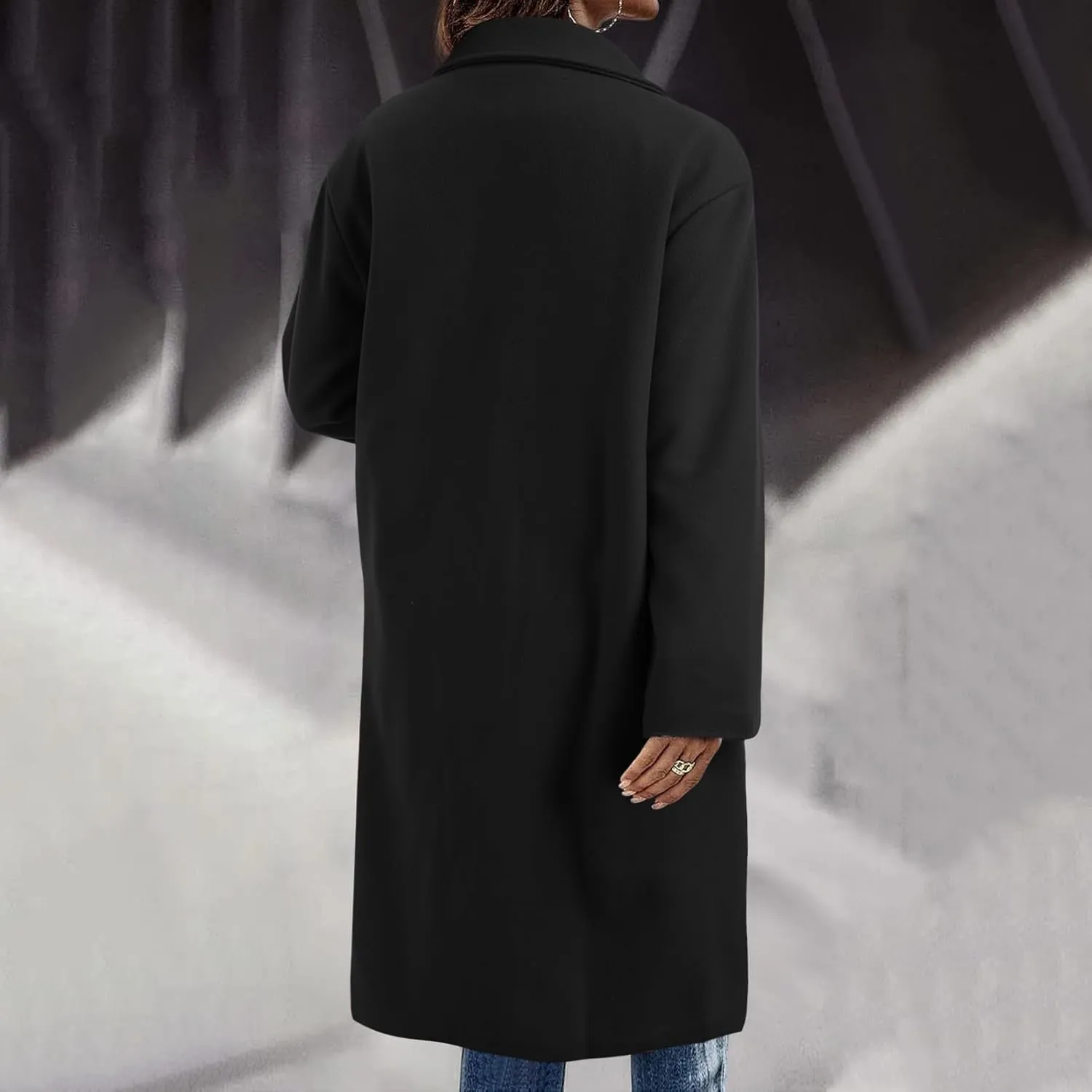 Women's Notched Collar Wool Blend Pea Coat Winter Long Oversized Button Down Overcoats Double Breasted Trench Coat