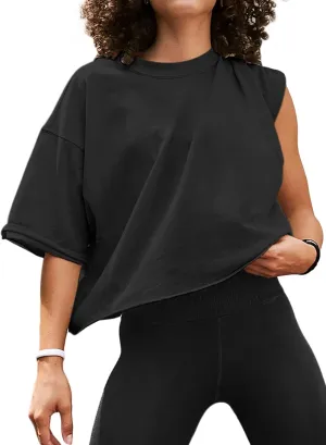 Women's Oversize Workout Crop Tops Short Sleeve Crewneck Drop Shoulder Boxy T Shirts Summer Casual Solid Basic Tees