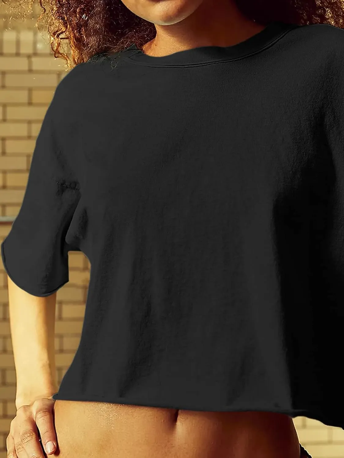 Women's Oversize Workout Crop Tops Short Sleeve Crewneck Drop Shoulder Boxy T Shirts Summer Casual Solid Basic Tees
