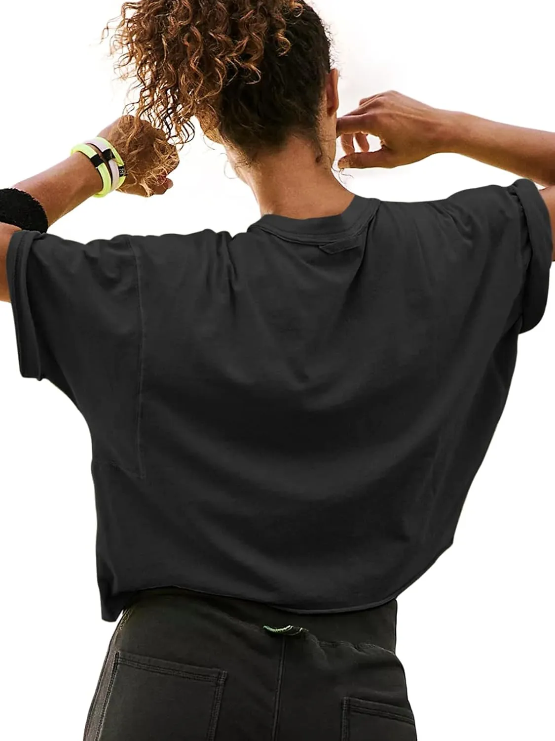 Women's Oversize Workout Crop Tops Short Sleeve Crewneck Drop Shoulder Boxy T Shirts Summer Casual Solid Basic Tees