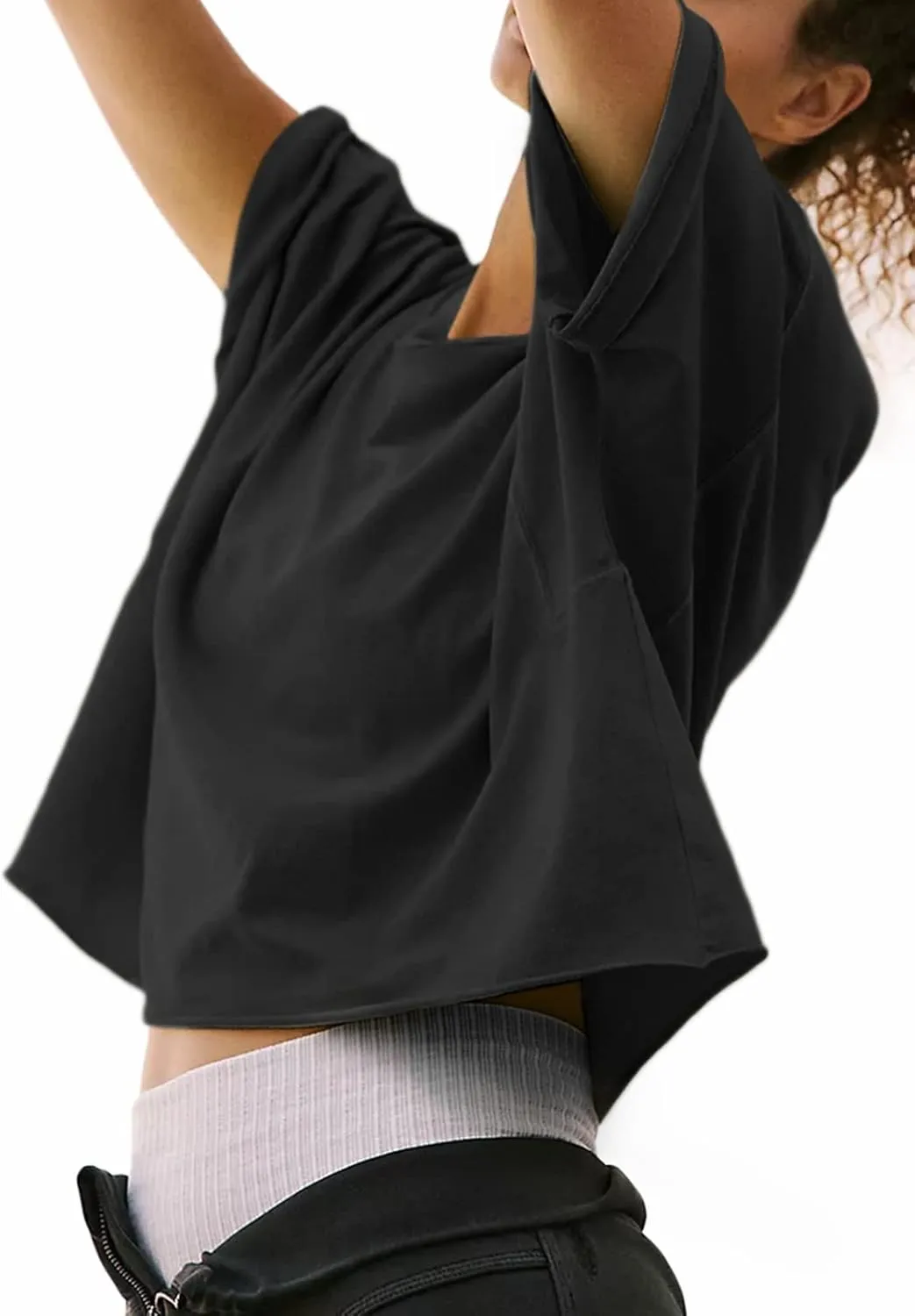 Women's Oversize Workout Crop Tops Short Sleeve Crewneck Drop Shoulder Boxy T Shirts Summer Casual Solid Basic Tees