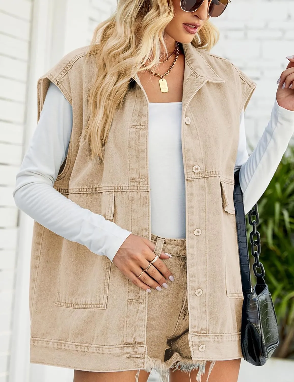 Womens Oversized Sleeveless Jean Denim Jacket Button Down Vest Top for Women Summer Waistcoat Jeans Vests Tops