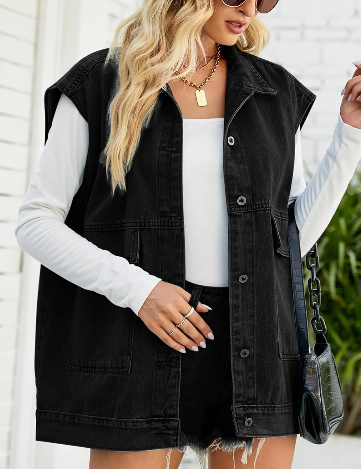 Womens Oversized Sleeveless Jean Denim Jacket Button Down Vest Top for Women Summer Waistcoat Jeans Vests Tops