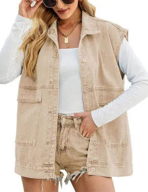 Womens Oversized Sleeveless Jean Denim Jacket Button Down Vest Top for Women Summer Waistcoat Jeans Vests Tops