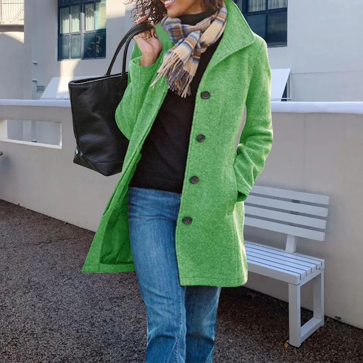 Womens Pea Coat Elegant Single Breasted Winter Trench Coat Dressy Casual Thicken Wool Blend Blazer Jacket with Pockets