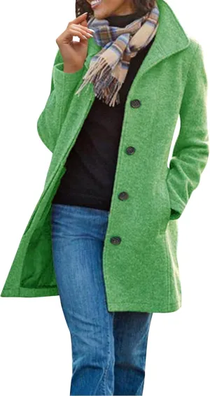 Womens Pea Coat Elegant Single Breasted Winter Trench Coat Dressy Casual Thicken Wool Blend Blazer Jacket with Pockets