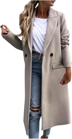 Womens Pea Coat Long Winter Trench Coats Retro Solid Jackets Double Breasted Fashion Outwear with Pockets 2024