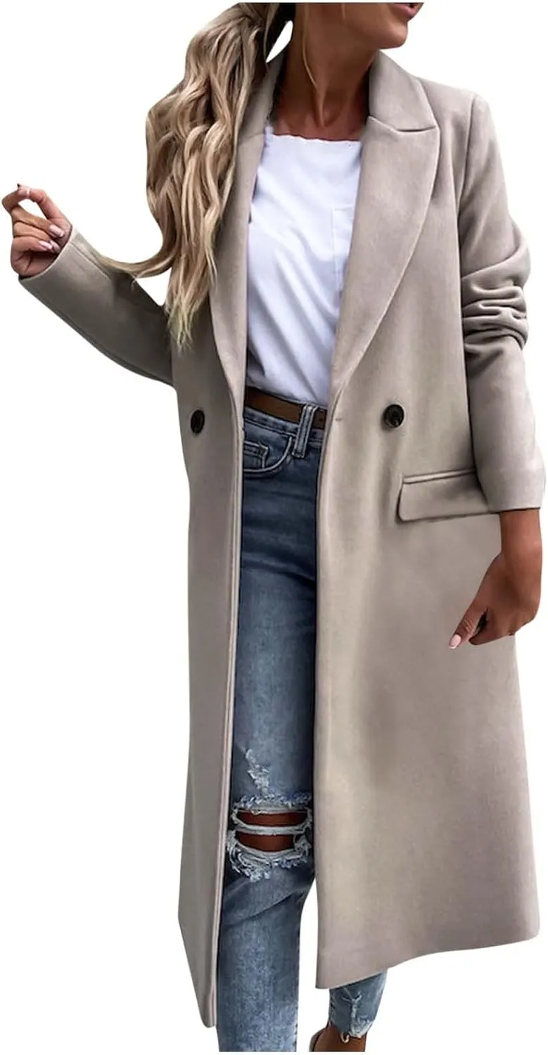 Womens Pea Coat Long Winter Trench Coats Retro Solid Jackets Double Breasted Fashion Outwear with Pockets 2024