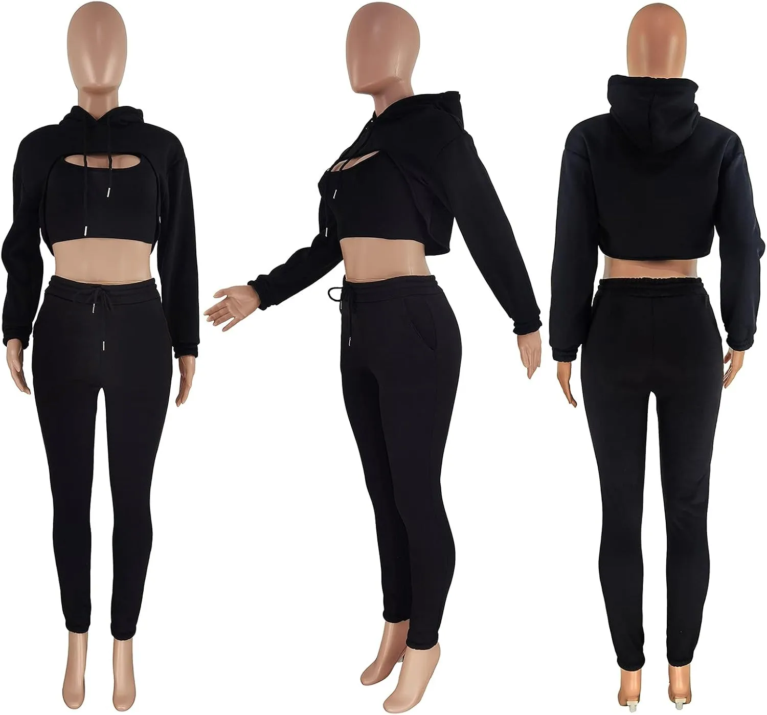 Women's Sexy 3 Piece Tracksuits - Long Sleeve Pullover Crop Top Hoodie  Tank Top Drawstring Long Pants Sweatsuit