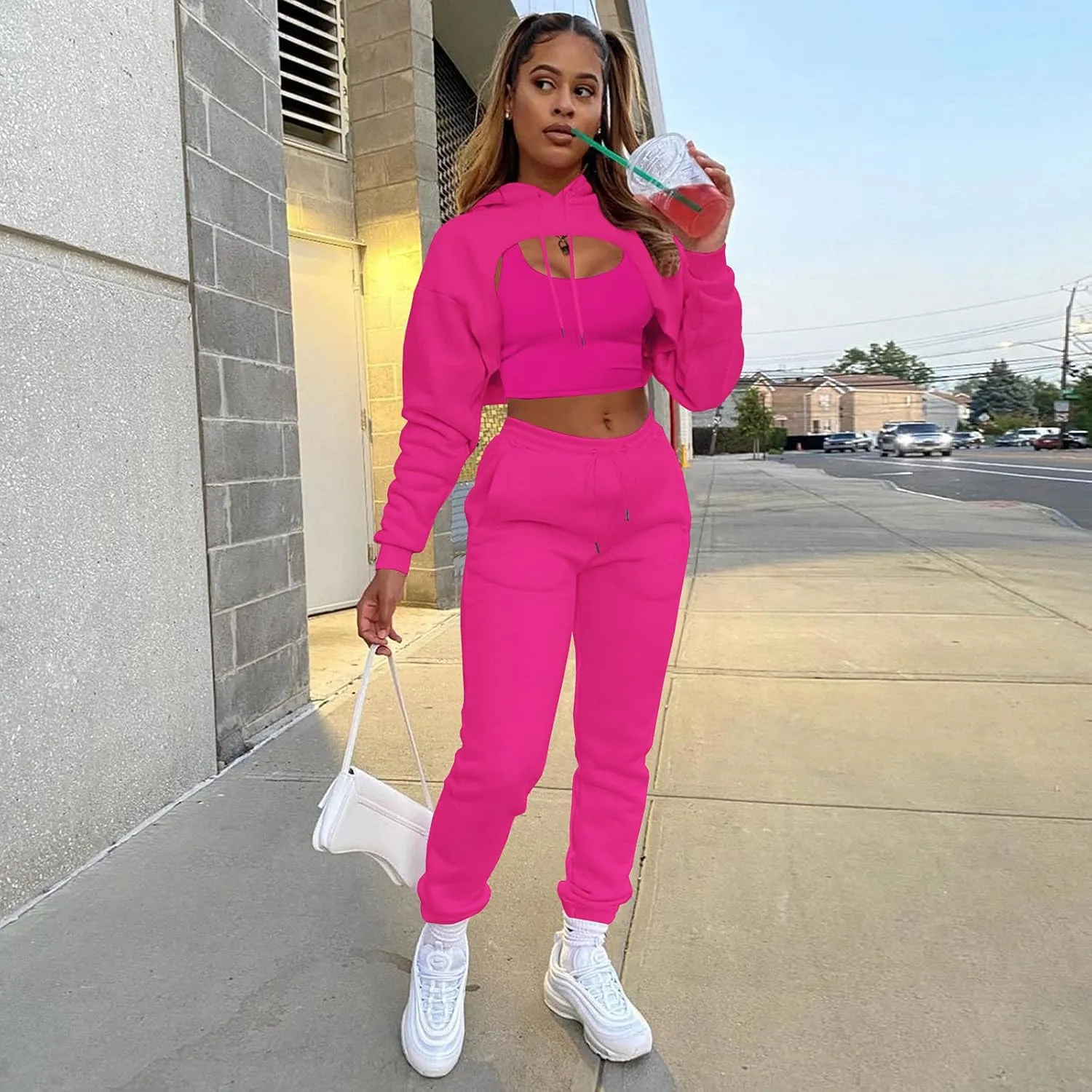 Women's Sexy 3 Piece Tracksuits - Long Sleeve Pullover Crop Top Hoodie  Tank Top Drawstring Long Pants Sweatsuit