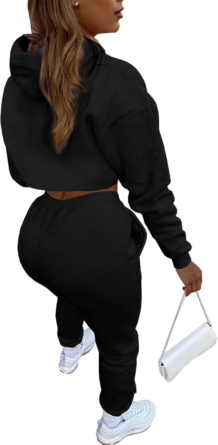 Women's Sexy 3 Piece Tracksuits - Long Sleeve Pullover Crop Top Hoodie  Tank Top Drawstring Long Pants Sweatsuit