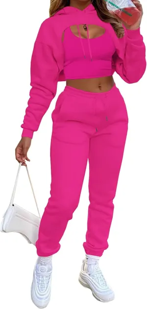Women's Sexy 3 Piece Tracksuits - Long Sleeve Pullover Crop Top Hoodie  Tank Top Drawstring Long Pants Sweatsuit