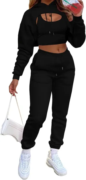 Women's Sexy 3 Piece Tracksuits - Long Sleeve Pullover Crop Top Hoodie  Tank Top Drawstring Long Pants Sweatsuit