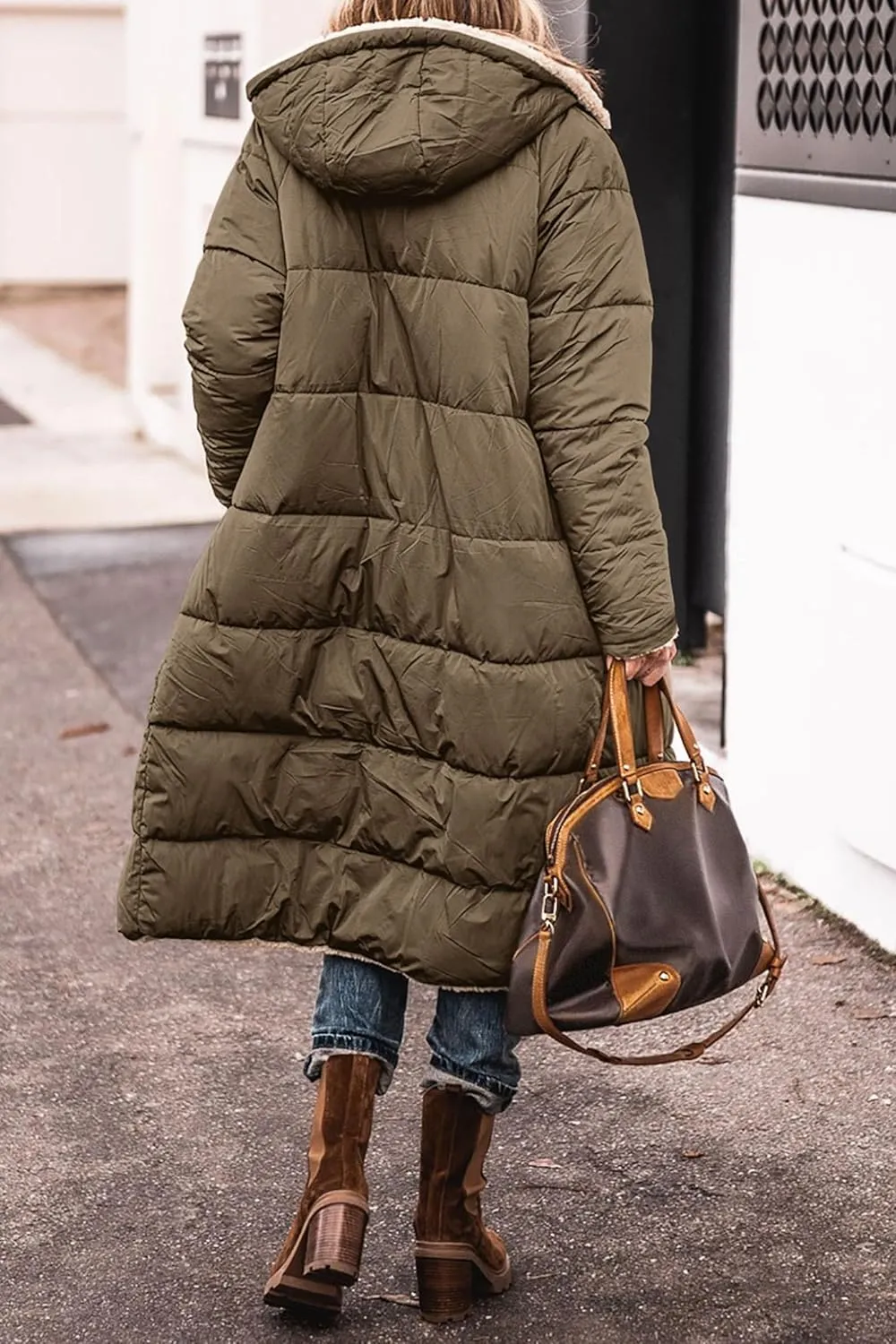 Womens Sherpa Fleece Lined Long Jackets Shearling Reversible Overcoats Winter Puffer Coats Hood Zip Outerwears