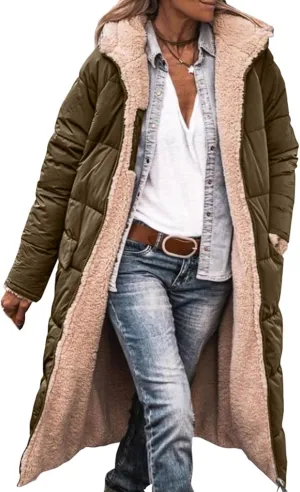 Womens Sherpa Fleece Lined Long Jackets Shearling Reversible Overcoats Winter Puffer Coats Hood Zip Outerwears
