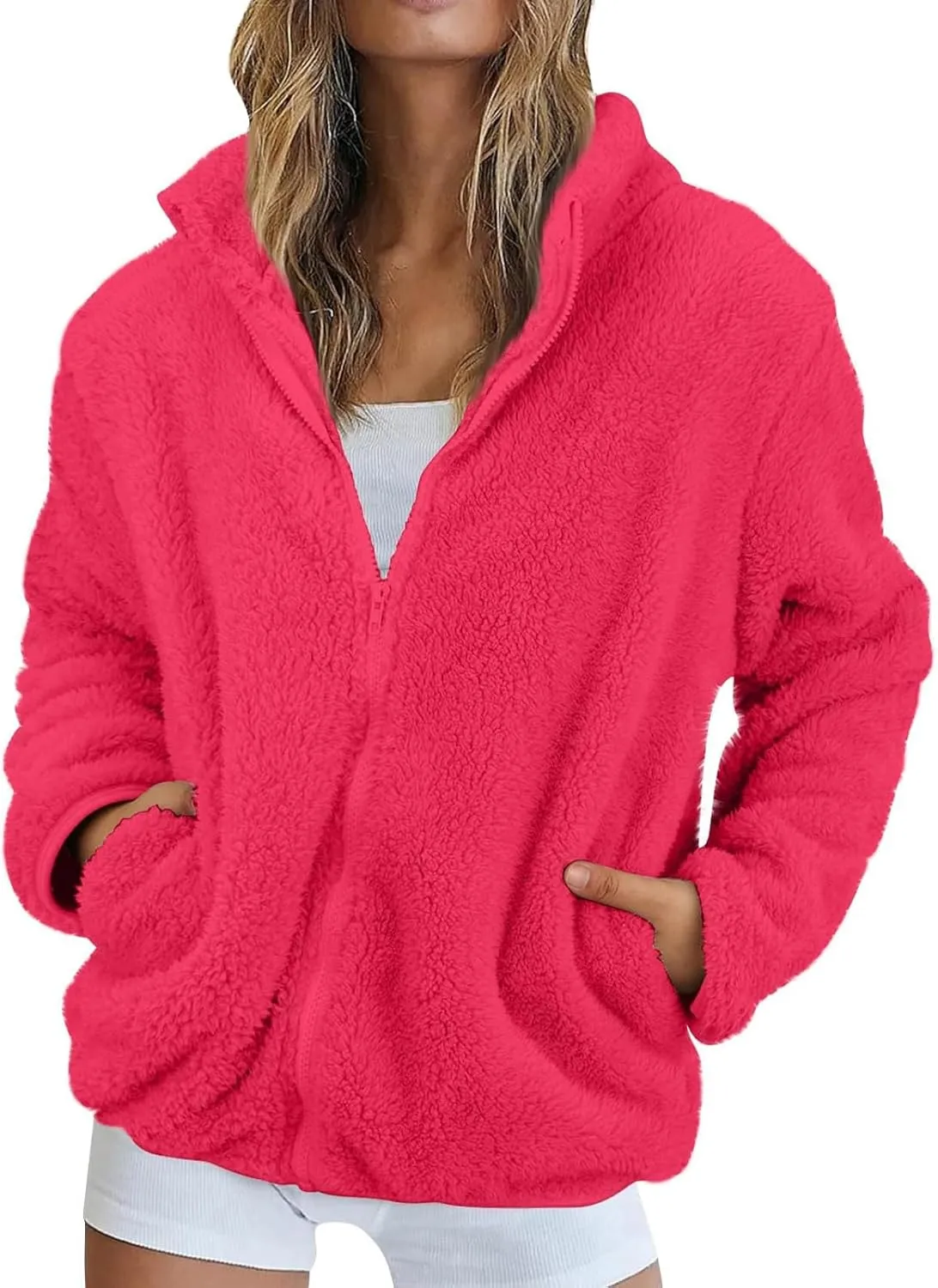 Womens Sherpa Jacket Winter Warm Fleece Zip Up Jacket Lightweight Long Sleeve Sweatshirts Casual Stand Collar Coats