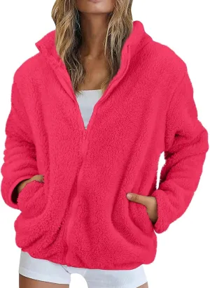 Womens Sherpa Jacket Winter Warm Fleece Zip Up Jacket Lightweight Long Sleeve Sweatshirts Casual Stand Collar Coats