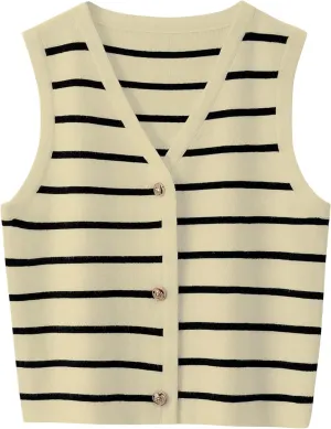 Women's Sleeveless Striped Sweater Vest Cropped Button Down Knit Vest Tops 2025 Trendy Outfits