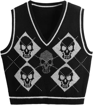 Women's Sleeveless Sweater Vest Halloween Skull Printed Knit Vest V Neck Crop Pullover Knitwear Tank Tops
