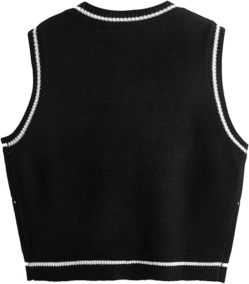 Women's Sleeveless Sweater Vest Halloween Skull Printed Knit Vest V Neck Crop Pullover Knitwear Tank Tops