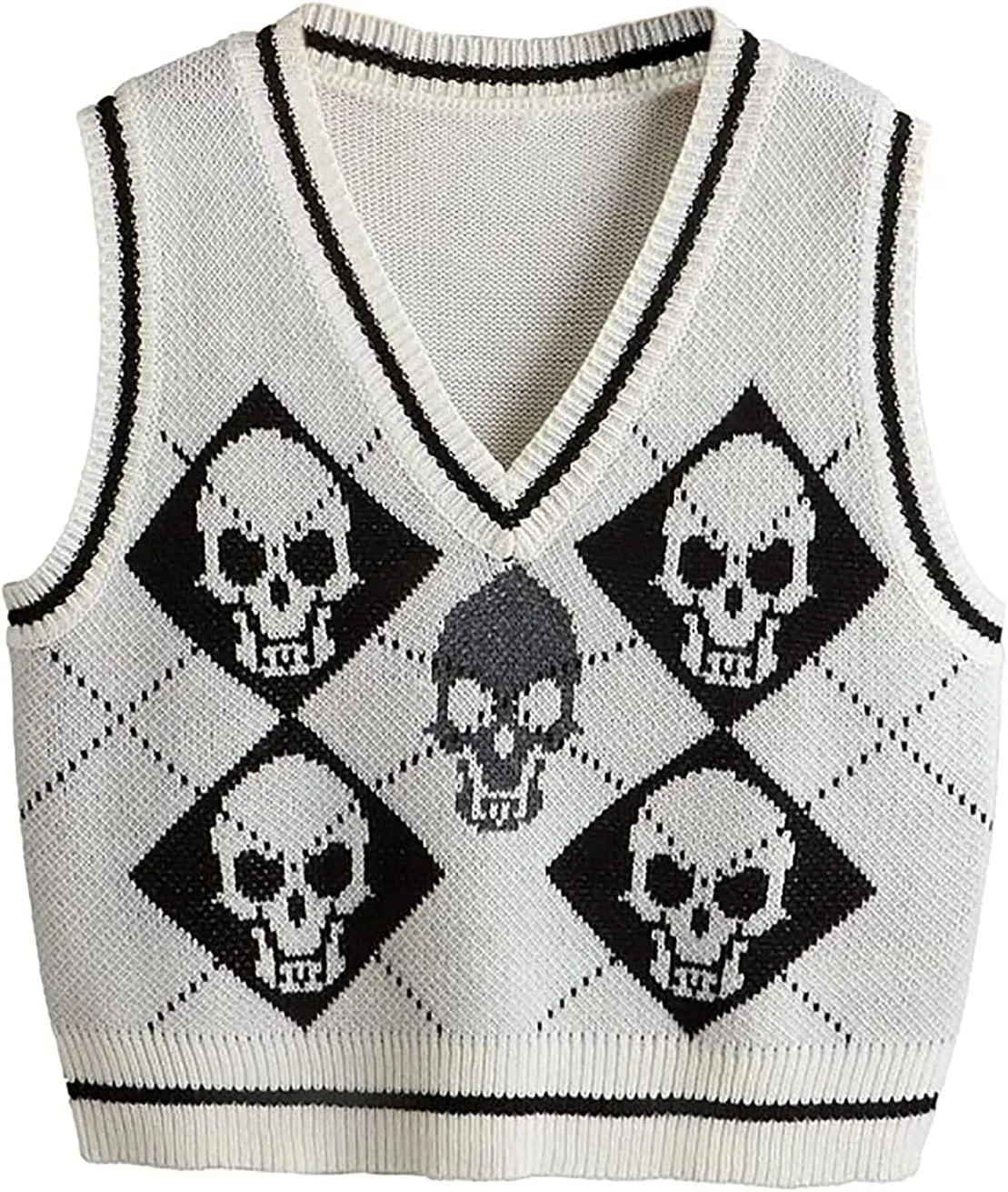 Women's Sleeveless Sweater Vest Halloween Skull Printed Knit Vest V Neck Crop Pullover Knitwear Tank Tops