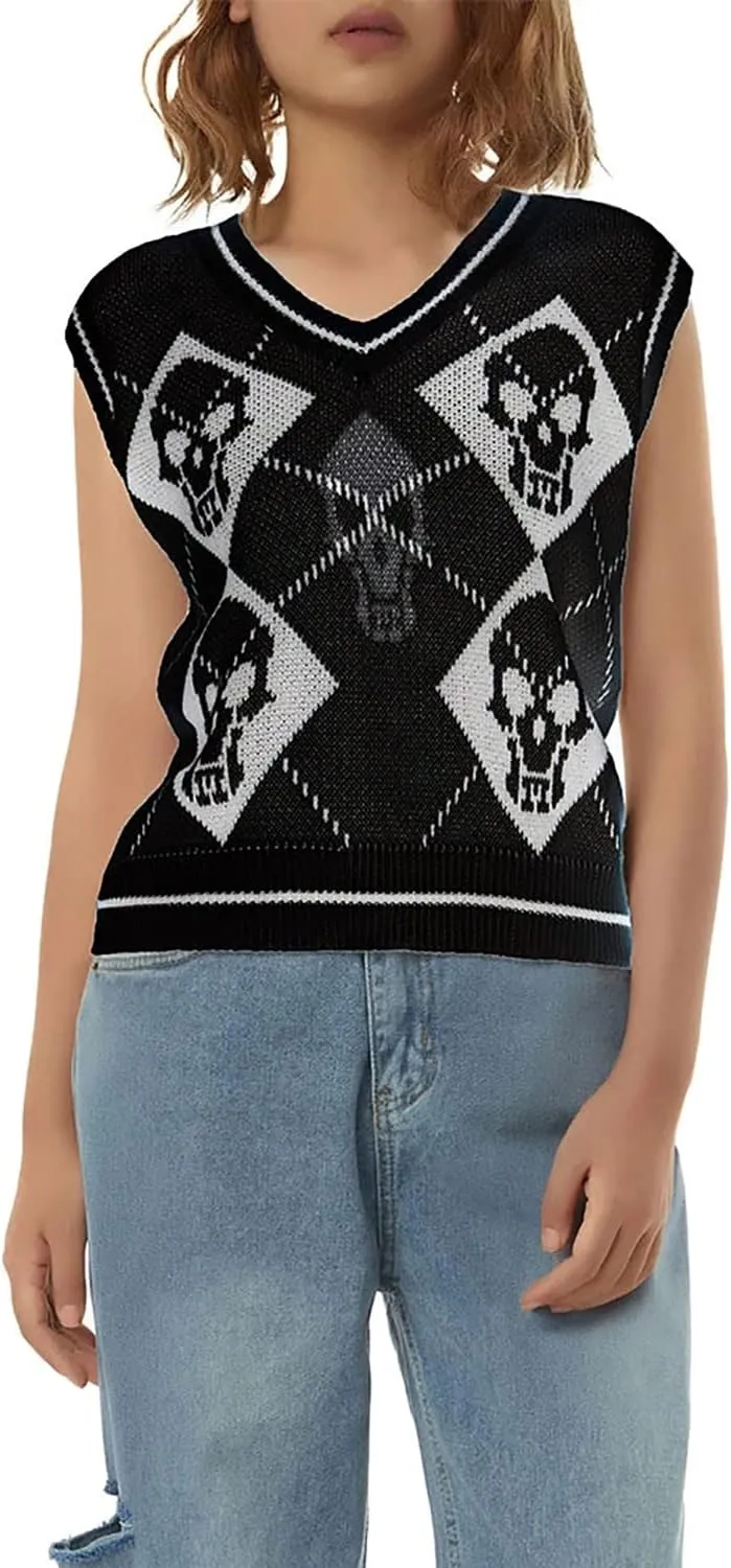 Women's Sleeveless Sweater Vest Halloween Skull Printed Knit Vest V Neck Crop Pullover Knitwear Tank Tops