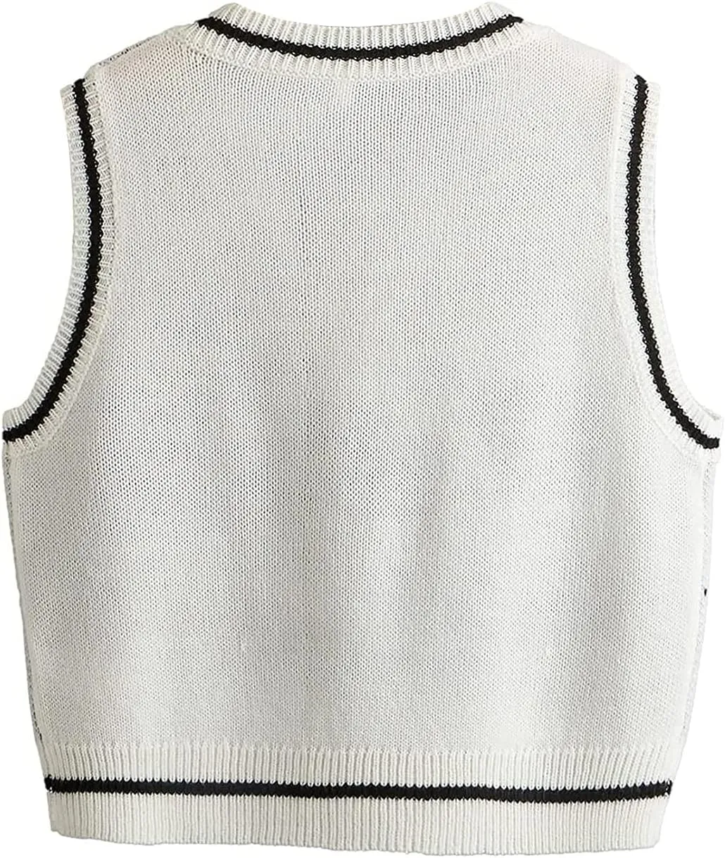 Women's Sleeveless Sweater Vest Halloween Skull Printed Knit Vest V Neck Crop Pullover Knitwear Tank Tops