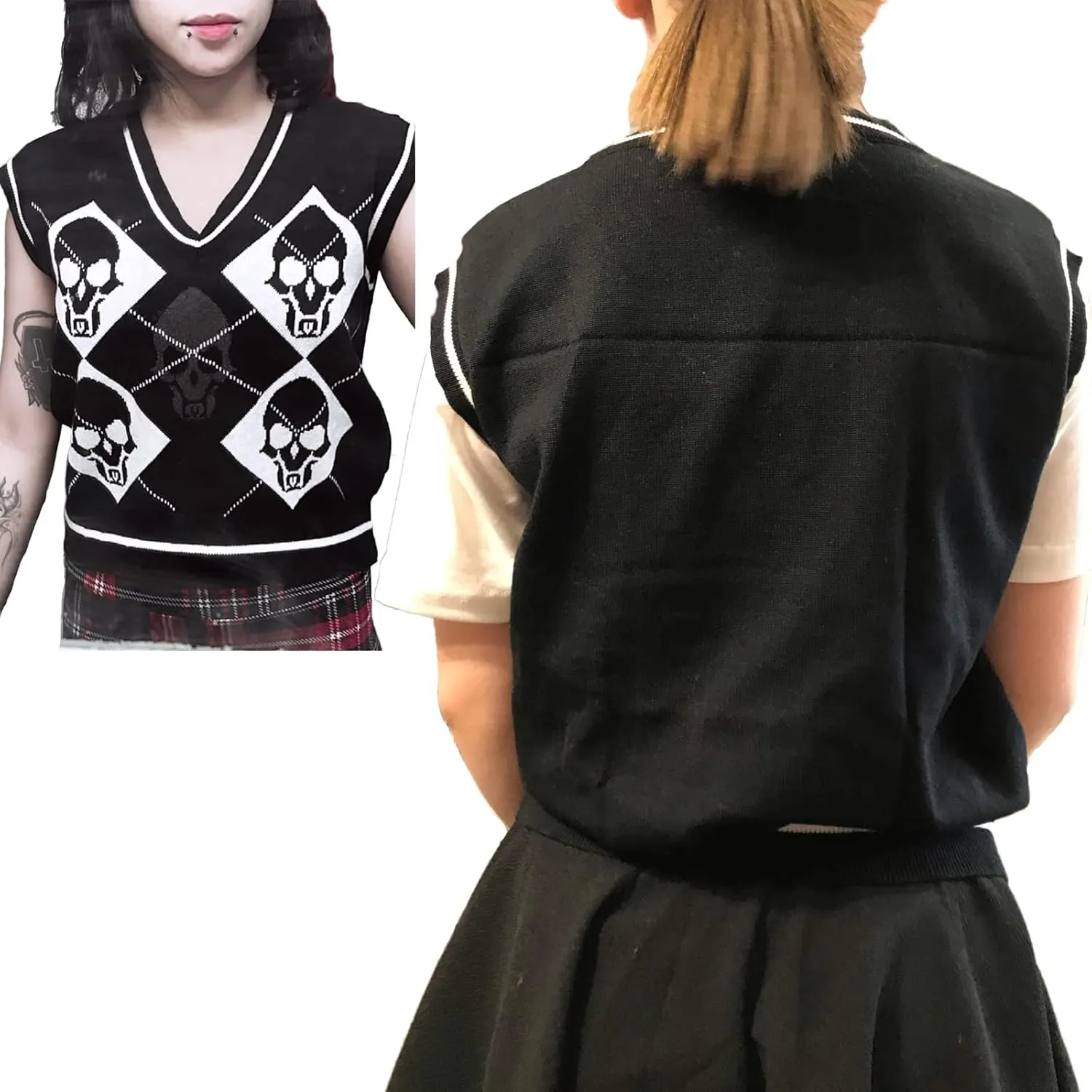 Women's Sleeveless Sweater Vest Halloween Skull Printed Knit Vest V Neck Crop Pullover Knitwear Tank Tops