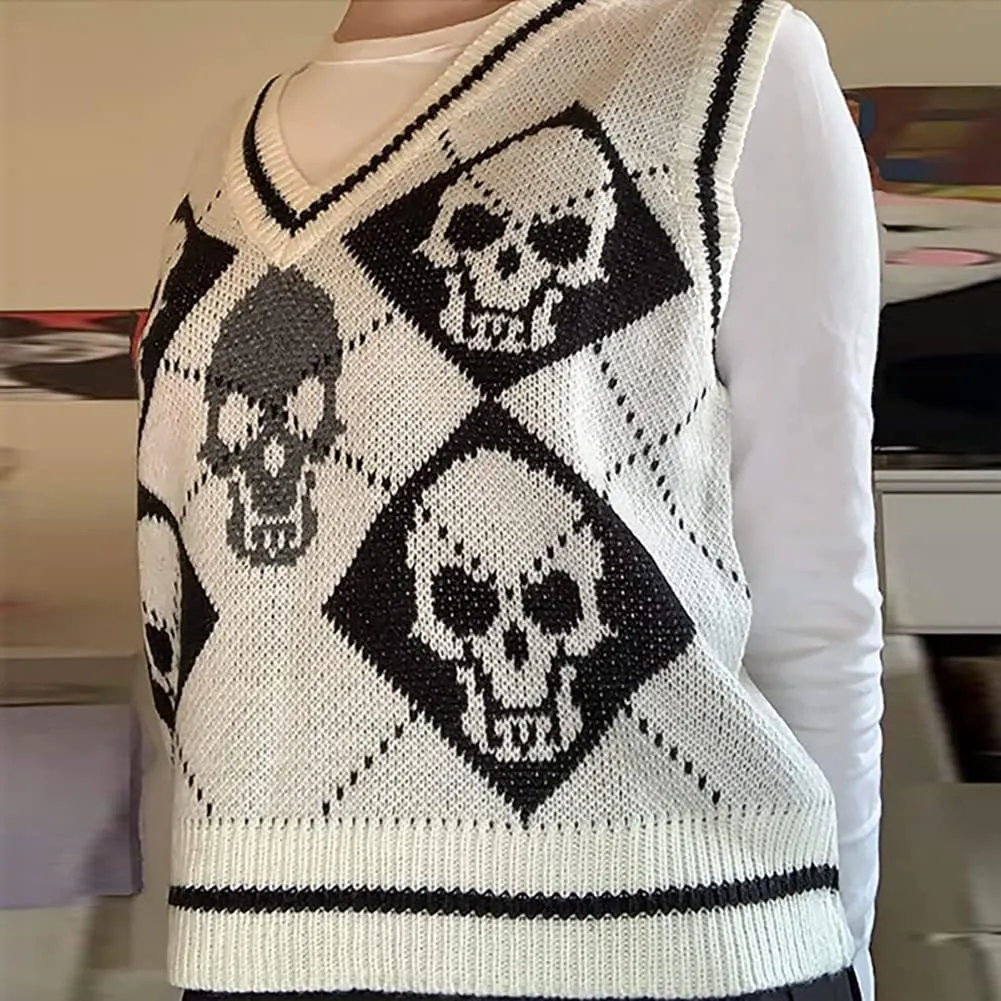 Women's Sleeveless Sweater Vest Halloween Skull Printed Knit Vest V Neck Crop Pullover Knitwear Tank Tops