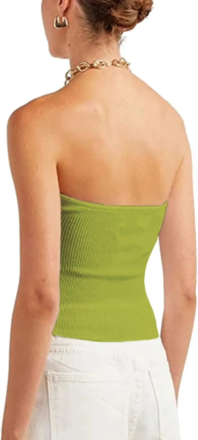 Womens Strapless Crop Top Sexy Sweetheart Neck Ribbed Knit Twisted Knot Front Sleeveless Y2K CamisoleTanks Top