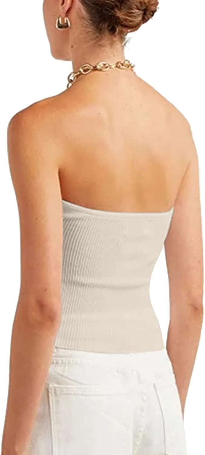 Womens Strapless Crop Top Sexy Sweetheart Neck Ribbed Knit Twisted Knot Front Sleeveless Y2K CamisoleTanks Top