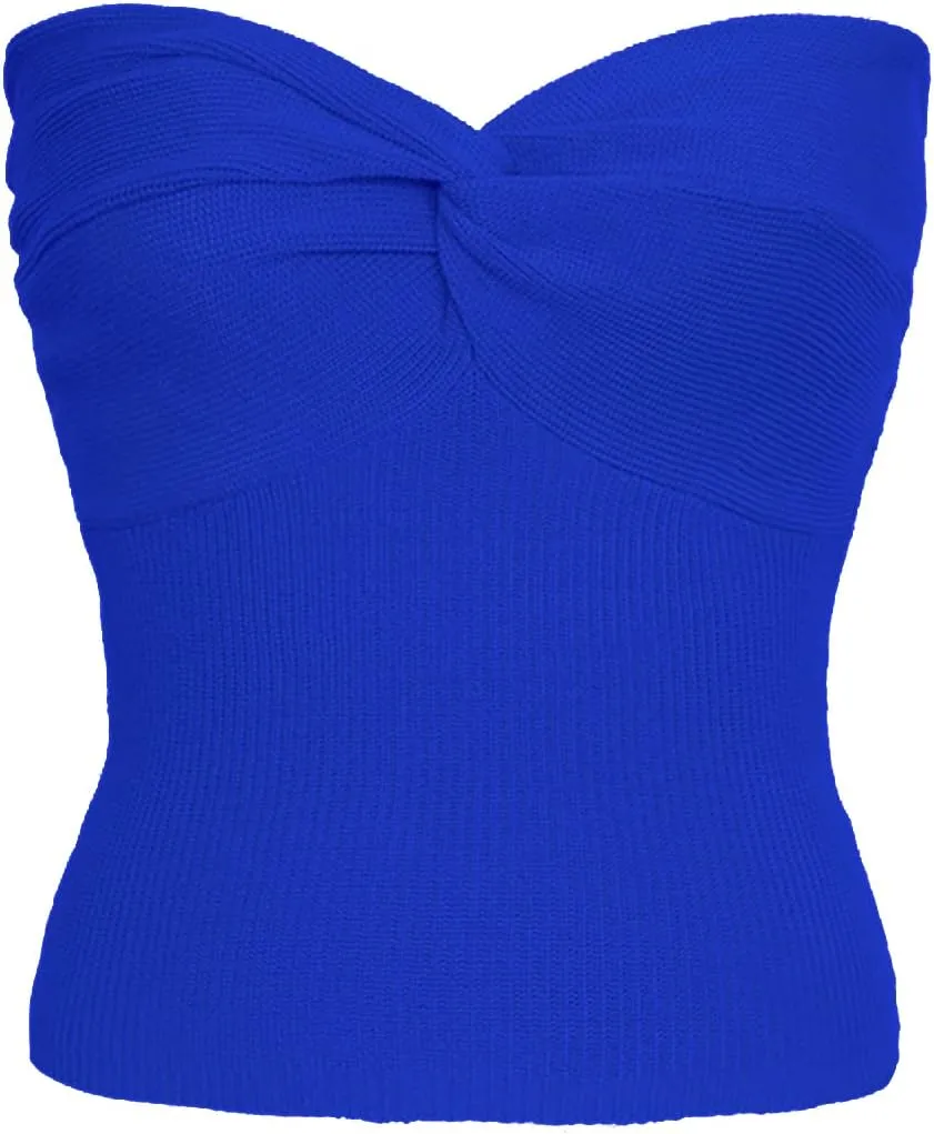 Womens Strapless Crop Top Sexy Sweetheart Neck Ribbed Knit Twisted Knot Front Sleeveless Y2K CamisoleTanks Top