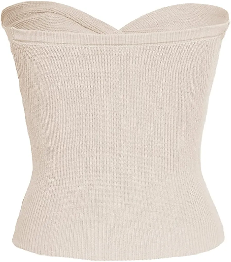 Womens Strapless Crop Top Sexy Sweetheart Neck Ribbed Knit Twisted Knot Front Sleeveless Y2K CamisoleTanks Top