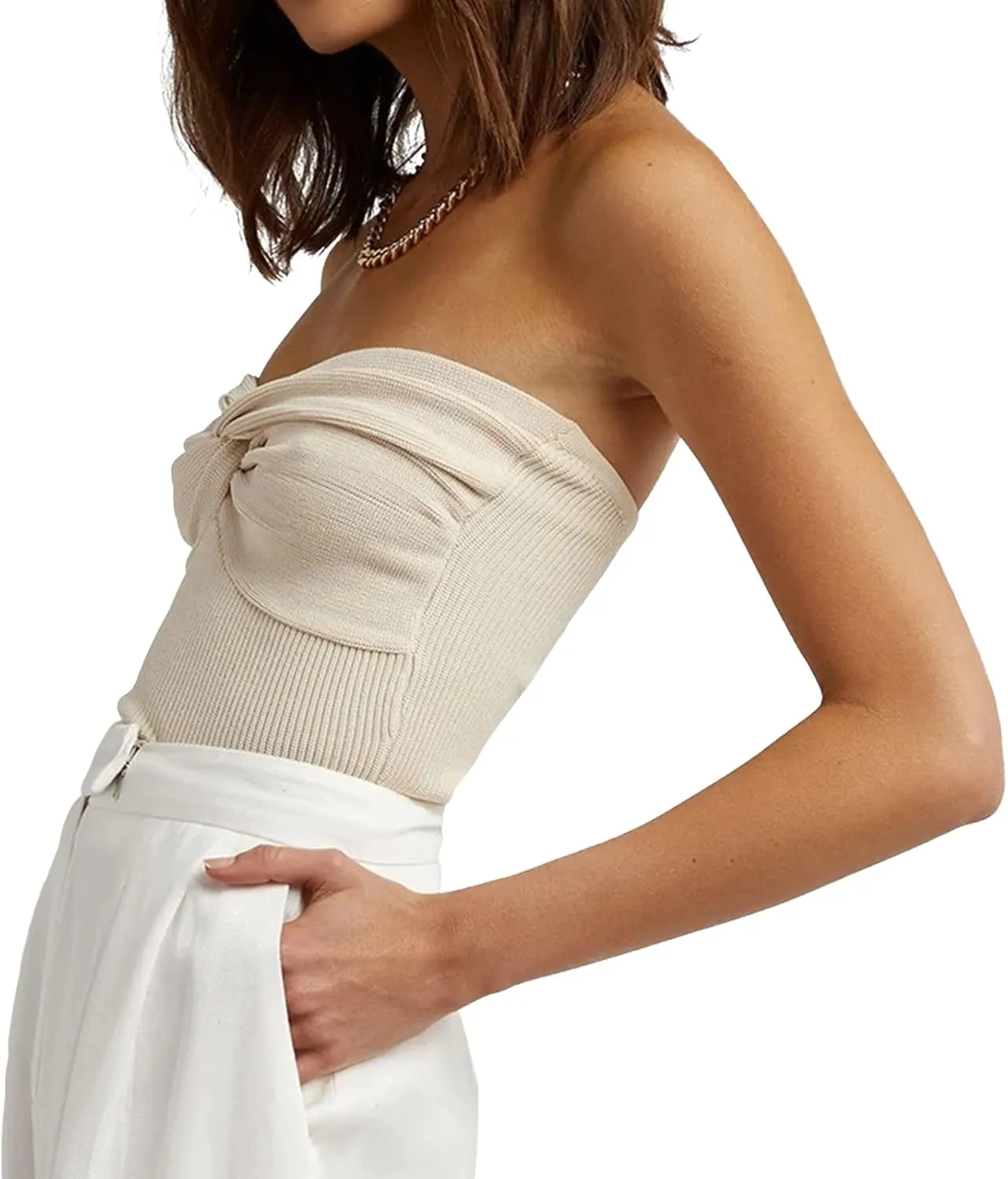 Womens Strapless Crop Top Sexy Sweetheart Neck Ribbed Knit Twisted Knot Front Sleeveless Y2K CamisoleTanks Top