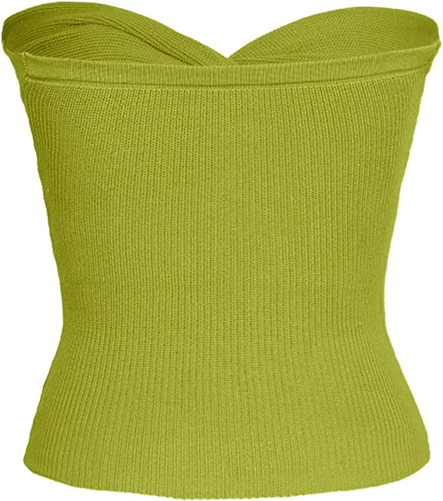 Womens Strapless Crop Top Sexy Sweetheart Neck Ribbed Knit Twisted Knot Front Sleeveless Y2K CamisoleTanks Top