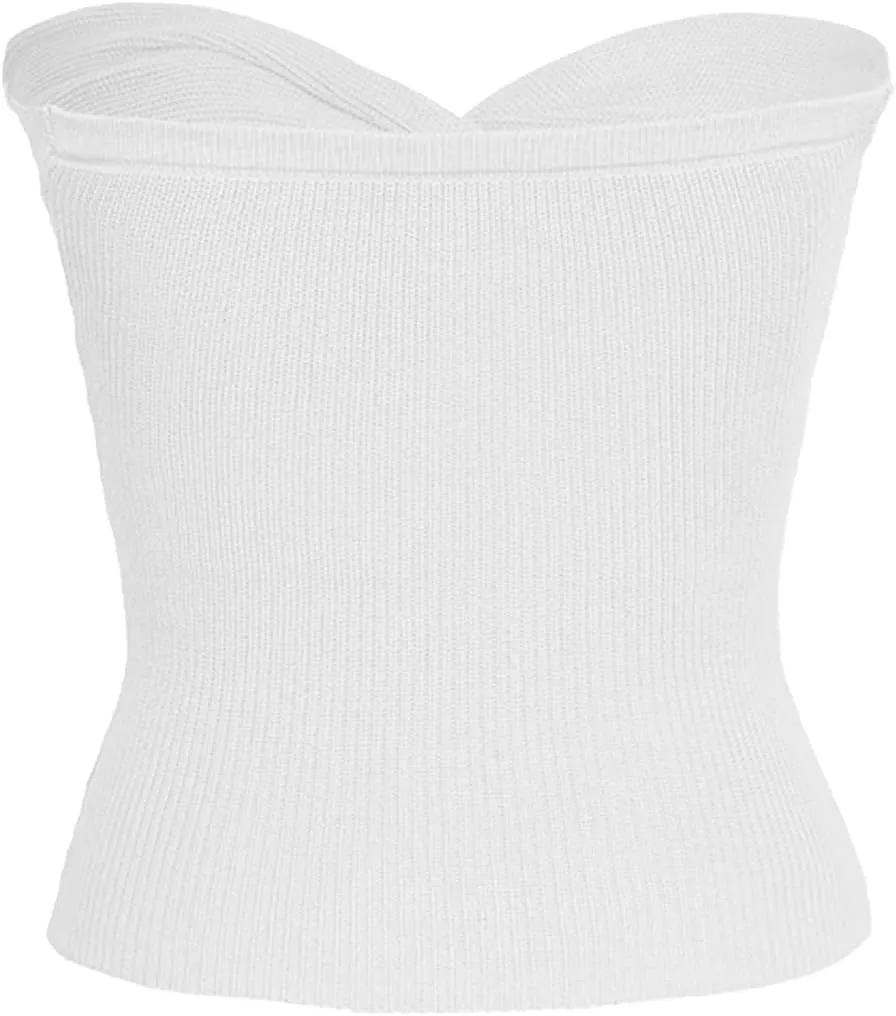 Womens Strapless Crop Top Sexy Sweetheart Neck Ribbed Knit Twisted Knot Front Sleeveless Y2K CamisoleTanks Top