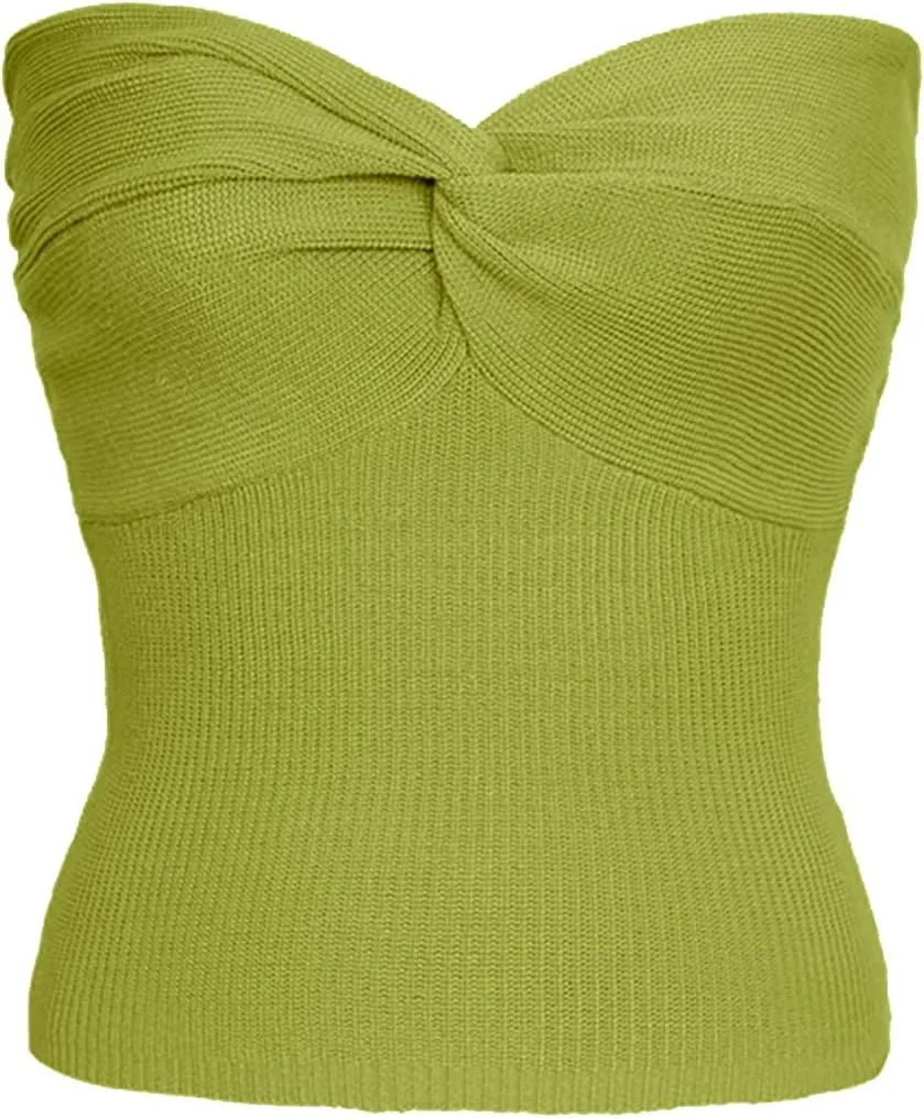 Womens Strapless Crop Top Sexy Sweetheart Neck Ribbed Knit Twisted Knot Front Sleeveless Y2K CamisoleTanks Top