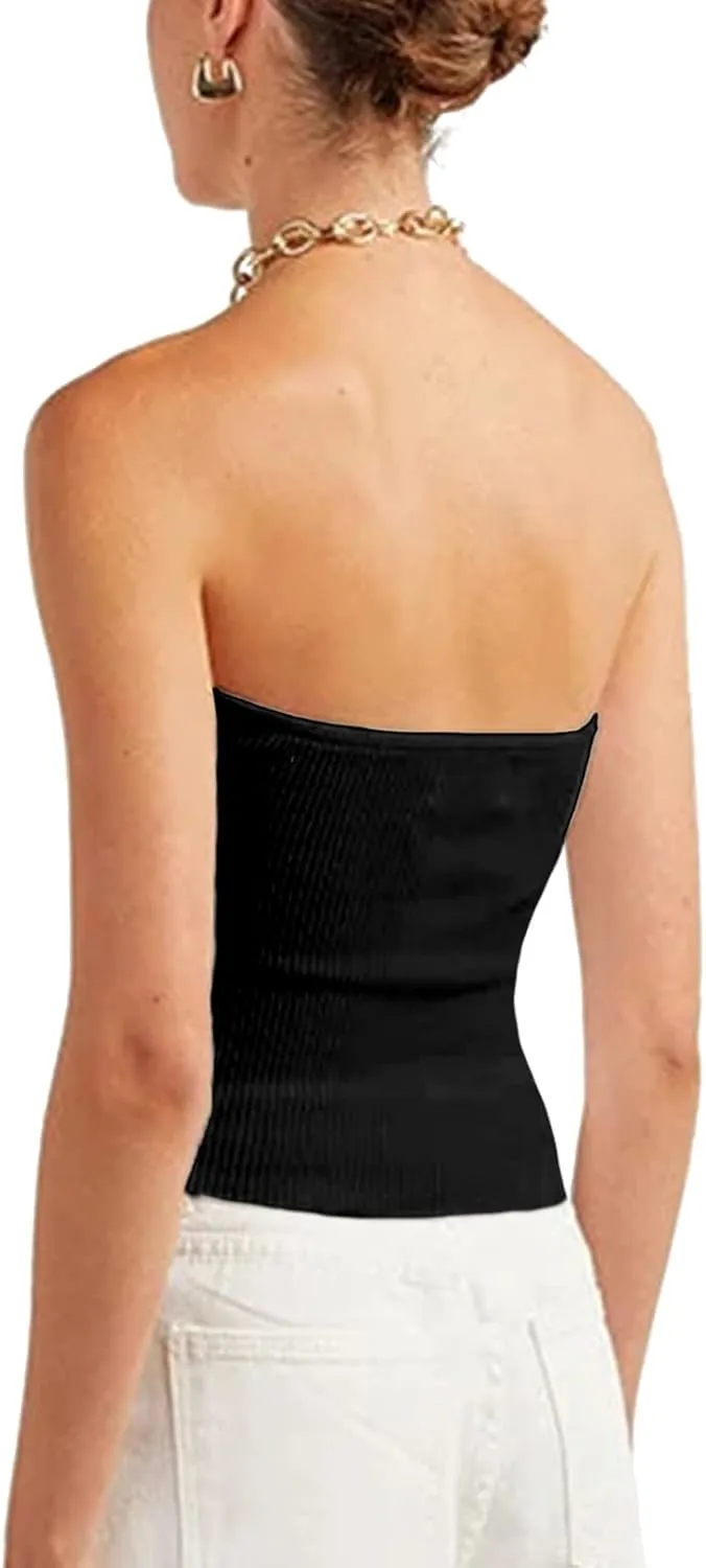 Womens Strapless Crop Top Sexy Sweetheart Neck Ribbed Knit Twisted Knot Front Sleeveless Y2K CamisoleTanks Top