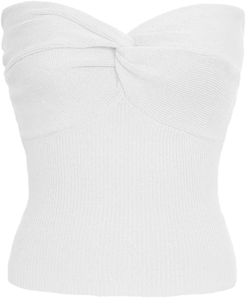 Womens Strapless Crop Top Sexy Sweetheart Neck Ribbed Knit Twisted Knot Front Sleeveless Y2K CamisoleTanks Top