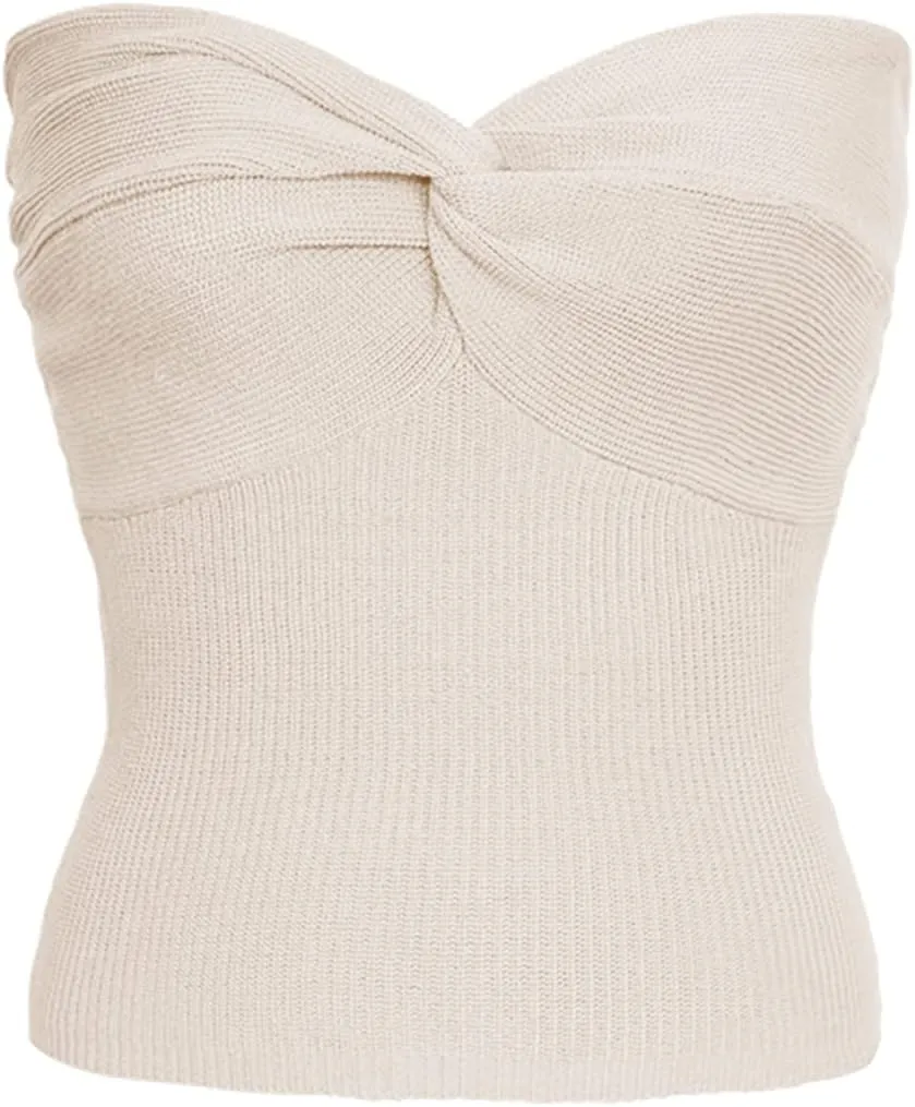 Womens Strapless Crop Top Sexy Sweetheart Neck Ribbed Knit Twisted Knot Front Sleeveless Y2K CamisoleTanks Top