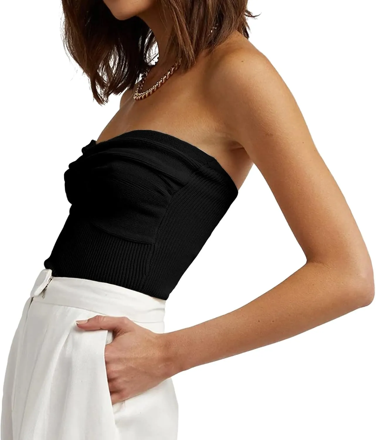 Womens Strapless Crop Top Sexy Sweetheart Neck Ribbed Knit Twisted Knot Front Sleeveless Y2K CamisoleTanks Top
