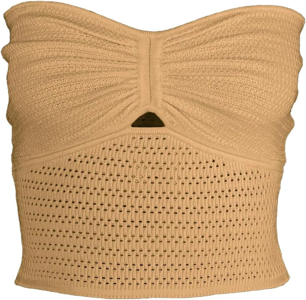 Womens Strapless Crop Top Sexy Sweetheart Neck Ribbed Knit Twisted Knot Front Sleeveless Y2K CamisoleTanks Top