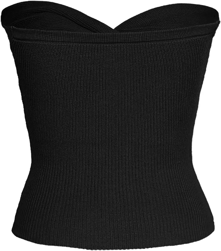 Womens Strapless Crop Top Sexy Sweetheart Neck Ribbed Knit Twisted Knot Front Sleeveless Y2K CamisoleTanks Top