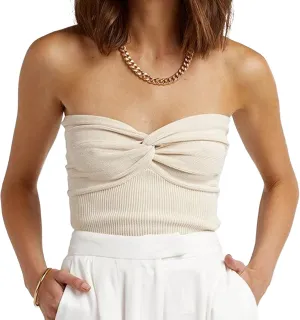 Womens Strapless Crop Top Sexy Sweetheart Neck Ribbed Knit Twisted Knot Front Sleeveless Y2K CamisoleTanks Top