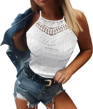 Women's Summer Halter Spaghetti Strap Flowy Tank Tops Sleeveless Shirts Blouses Lace Cami Camisole