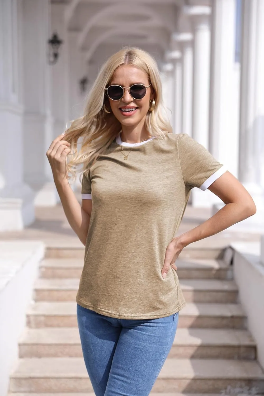 Womens T Shirt Short Sleeve Crew Neck Basic Color Block Tee Tops