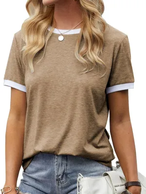 Womens T Shirt Short Sleeve Crew Neck Basic Color Block Tee Tops
