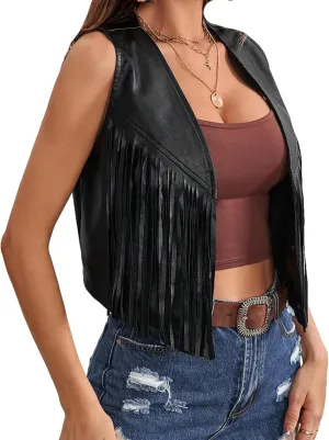 Womens Tassel Leather Vest Sleeveless Cowgirl Western Faux Suede Fringe Vest Slim Fit 70S Hippie Costume