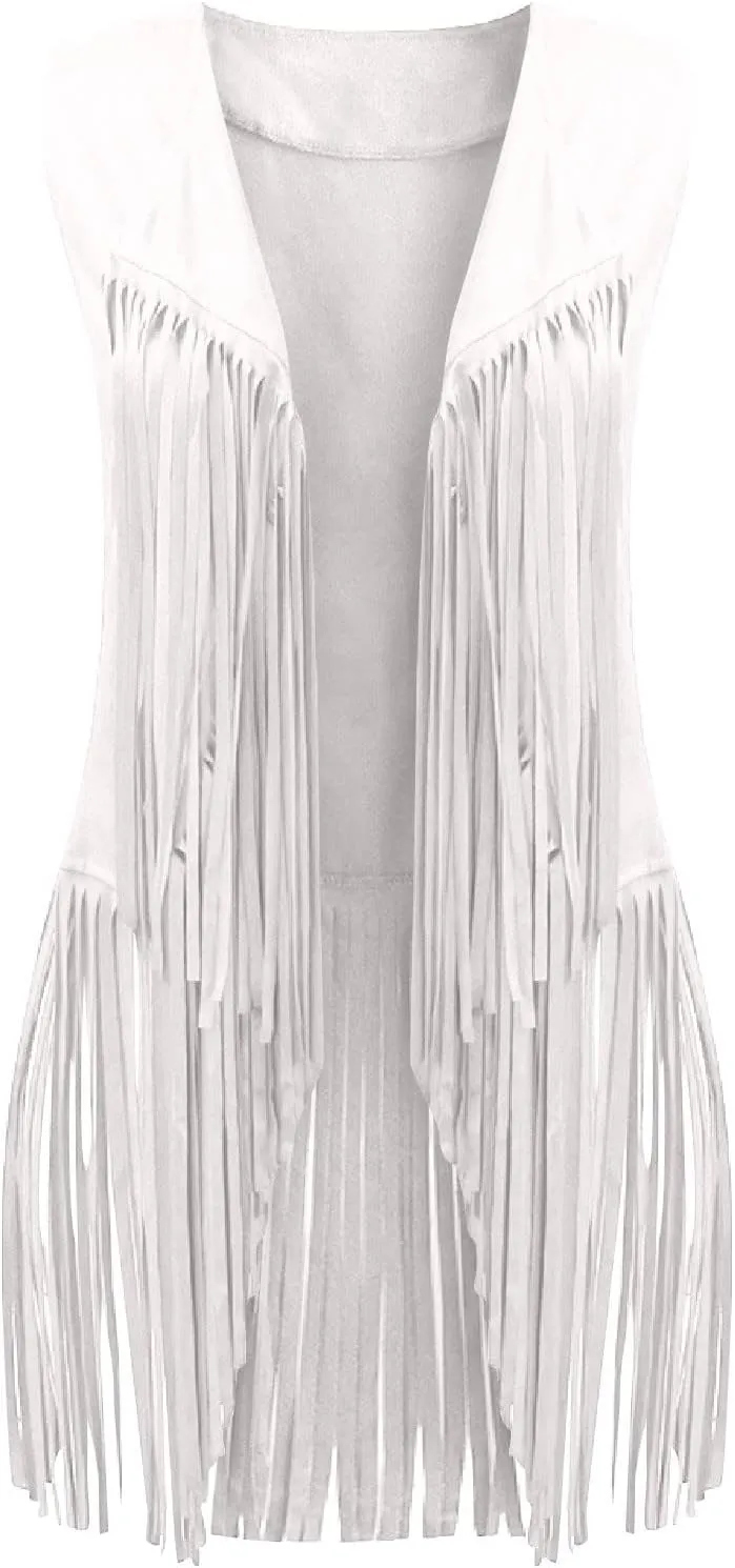 Womens Tassel Suede Vest Sleeveless Fringe Jacket 70s Hippie Vest Cowgirl Western Faux Suede Tassel Leather Outerwear